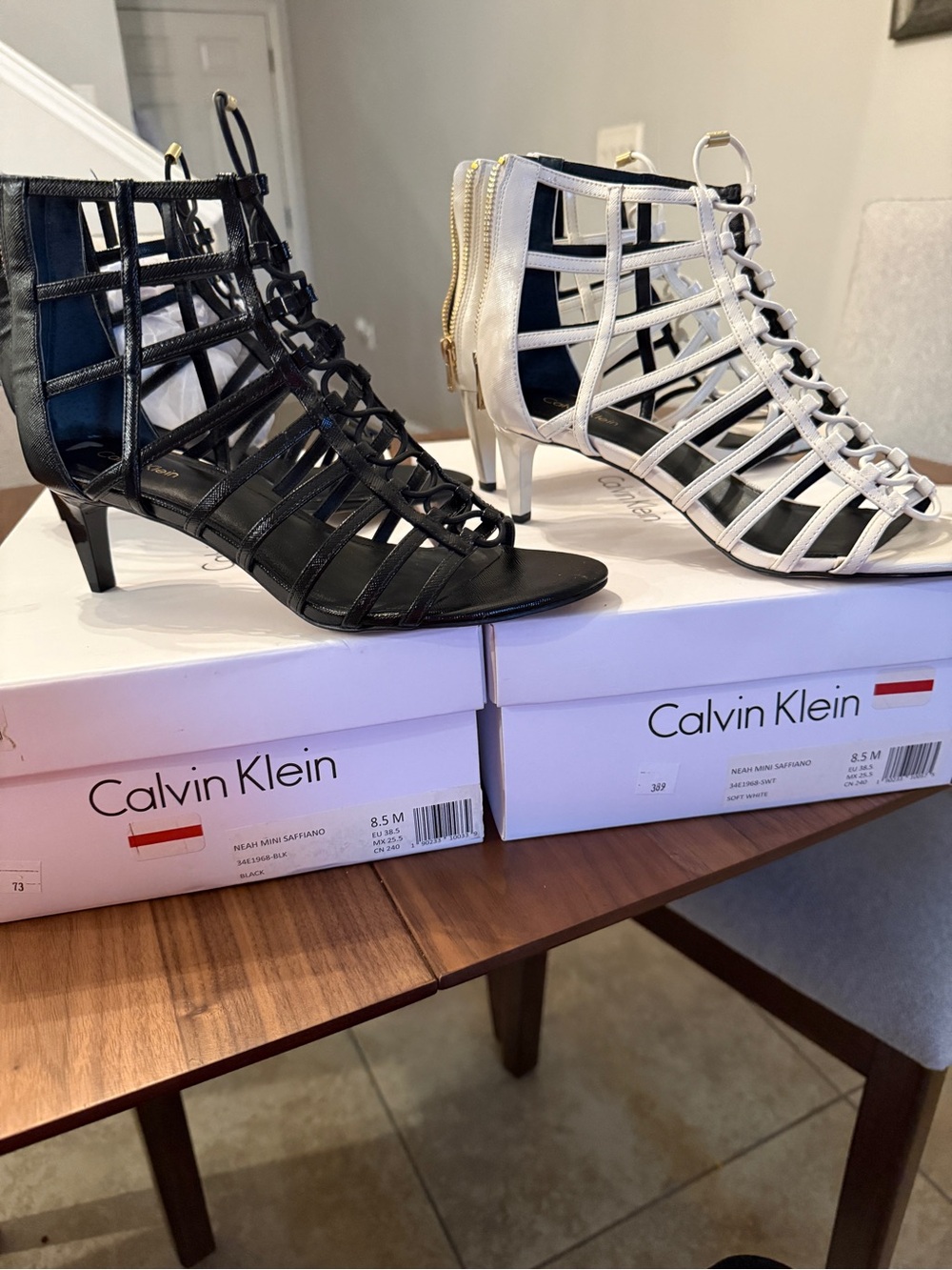 Calvin Klein Neah Strappy Cage Heeled Sandals - Black & White / never worn